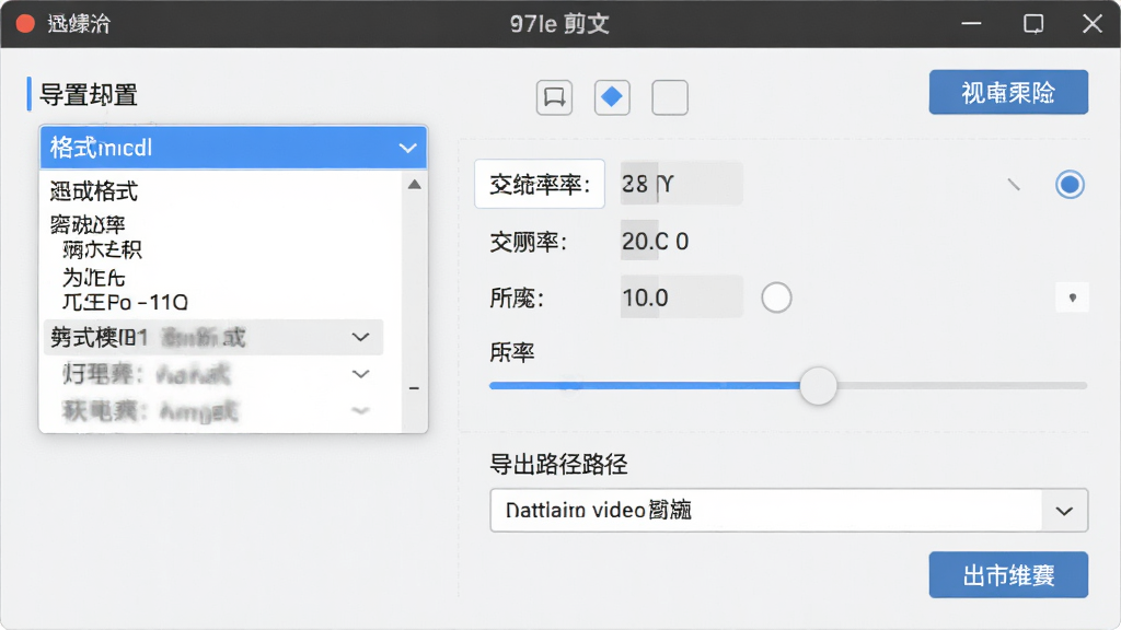 迅捷视频剪辑软件的视频导出设置界面,画面中显示格式选择下拉菜单、分辨率选项、帧率调节滑块和导出路径设置,界面布局清晰,按钮和选项排列有序,背景为浅色,整体风格专业简洁,画面干净,高画质