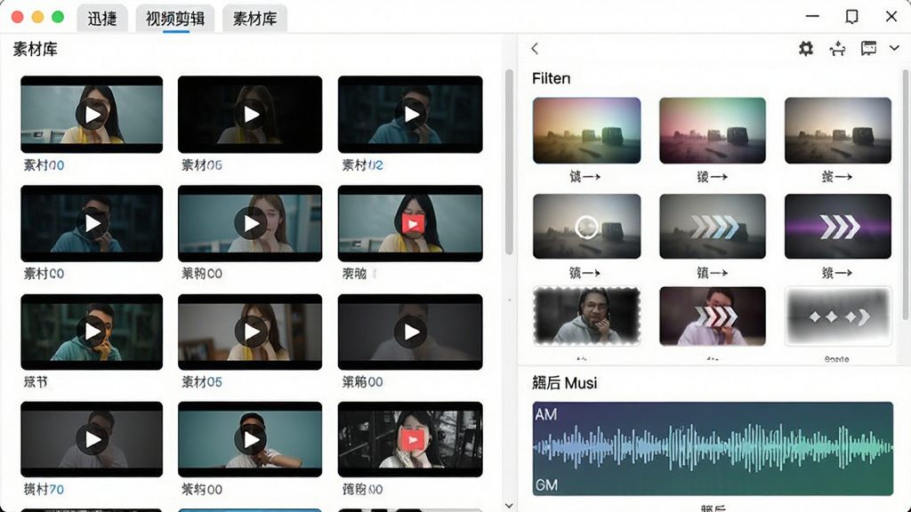 迅捷视频剪辑软件的素材库界面截图,画面中展示多种视频模板缩略图、滤镜效果预览、转场动画图标和音乐波形图,界面排版整齐,分类标签清晰可见,整体风格清新明亮,画面干净无杂乱元素,高清晰度,适合作为功能展示图