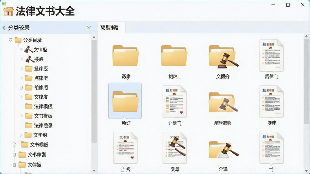 法律文书大全软件界面中展示分类目录与文书模板列表,画面包含软件名称“法律文书大全”,布局为左侧树形分类、右侧文档预览,排版整齐,风格为清爽浅色,细节上体现文件夹图标与文档缩略图,画质干净,无多余元素