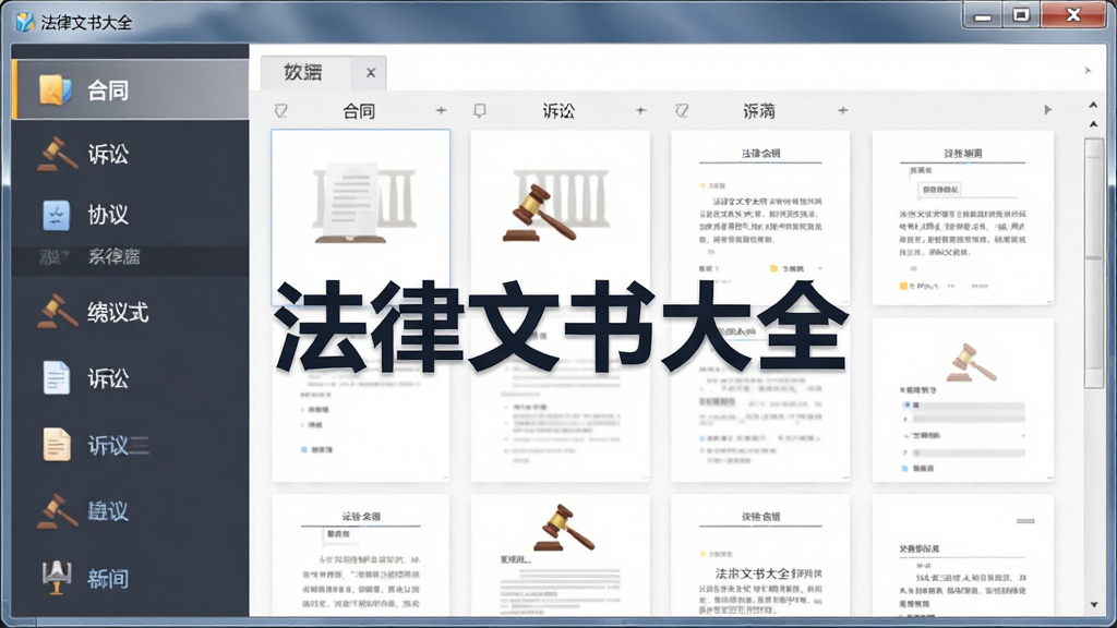 法律文书大全软件主界面截图,画面中央展示软件名称“法律文书大全”,左侧为分类导航栏,包含合同、诉讼、协议等目录,右侧为文书列表预览区域,整体布局清晰,排版整洁,风格为简约商务风,细节上体现窗口阴影与图标质感,画质干净,无多余元素