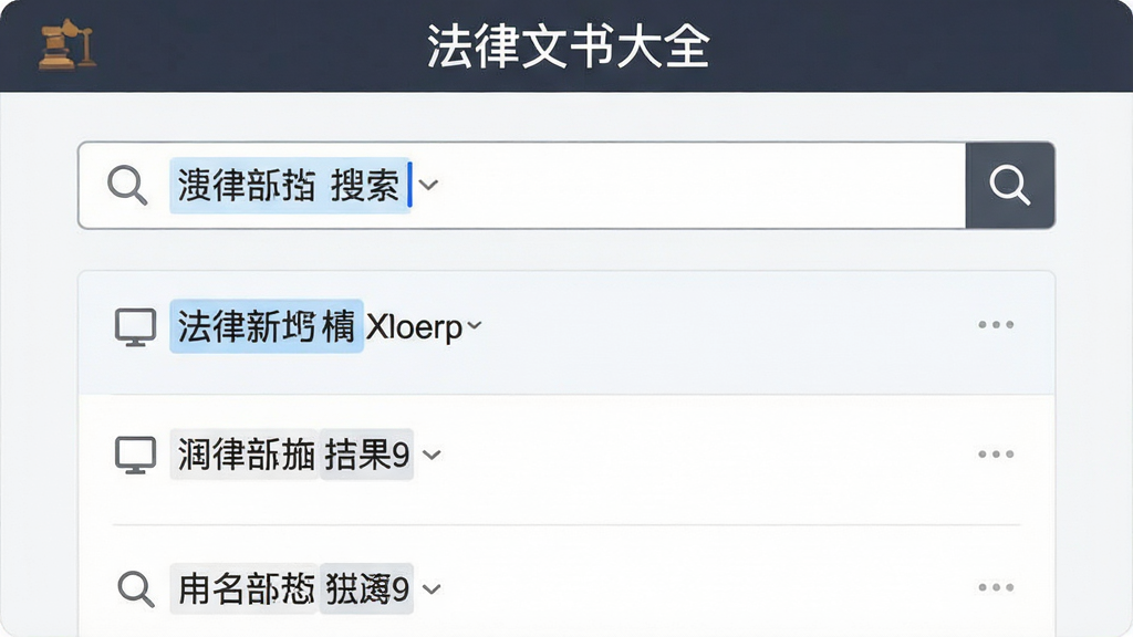法律文书大全搜索功能展示图,画面中软件名称“法律文书大全”位于顶部标题栏,中央搜索框输入关键词后显示筛选结果列表,布局为上下结构,排版简洁,风格为素雅极简,细节上体现搜索图标与高亮文字,画质干净,无多余元素
