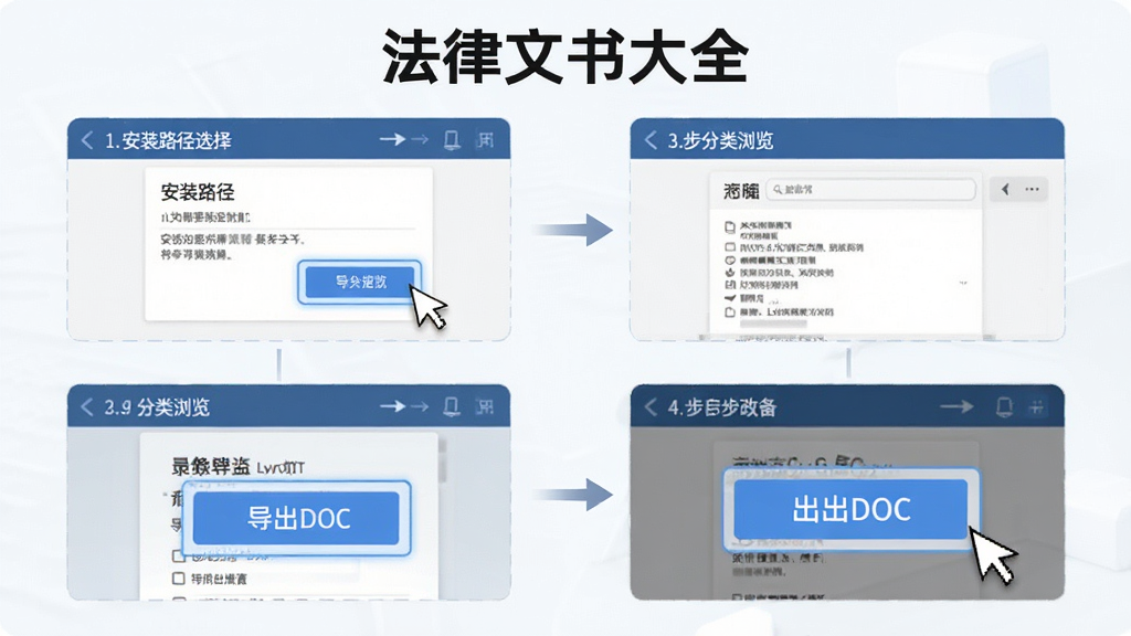法律文书大全使用教程示意图,画面展示软件名称“法律文书大全”,布局为分步操作截图,包含安装路径选择、分类浏览、导出DOC按钮,排版为纵向流程,风格为简约商务,细节上体现鼠标指针与高亮框,画质干净,无多余元素