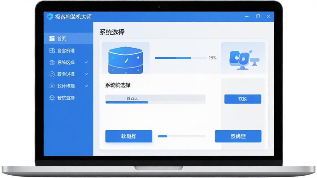 软件全貌展示图,主体是一台打开的笔记本电脑屏幕,屏幕上显示“极客狗装机大师”软件主界面,界面干净整洁,左侧为功能导航栏,右侧为系统选择区域,布局居中对称,风格为现代简约科技风,细节包括蓝色主色调、图标清晰、进度条与按钮醒目,画质高清,画面干净,无多余元素
