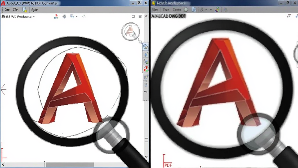 一张展示矢量放大效果的对比图,主体为 AutoCAD DWG to PDF Converter 生成的 PDF 局部放大画面,布局为左右分屏,左侧显示原始线条清晰锐利,右侧显示放大后依然平滑,风格为技术对比图,细节上带有放大镜图标,画质清晰,干净,无多余元素