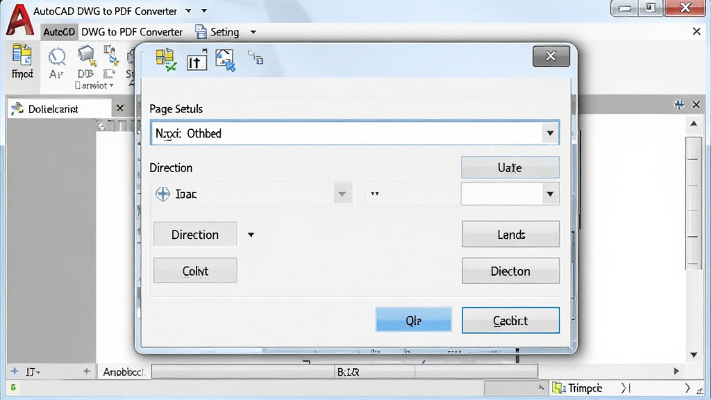 一张展示页面设置对话框的界面图,主体为 AutoCAD DWG to PDF Converter 软件的页面设置面板,布局为居中弹窗,排版包含尺寸下拉菜单和方向选择按钮,风格为软件界面截图风,细节上按钮有高亮状态,画质清晰,干净,无多余元素