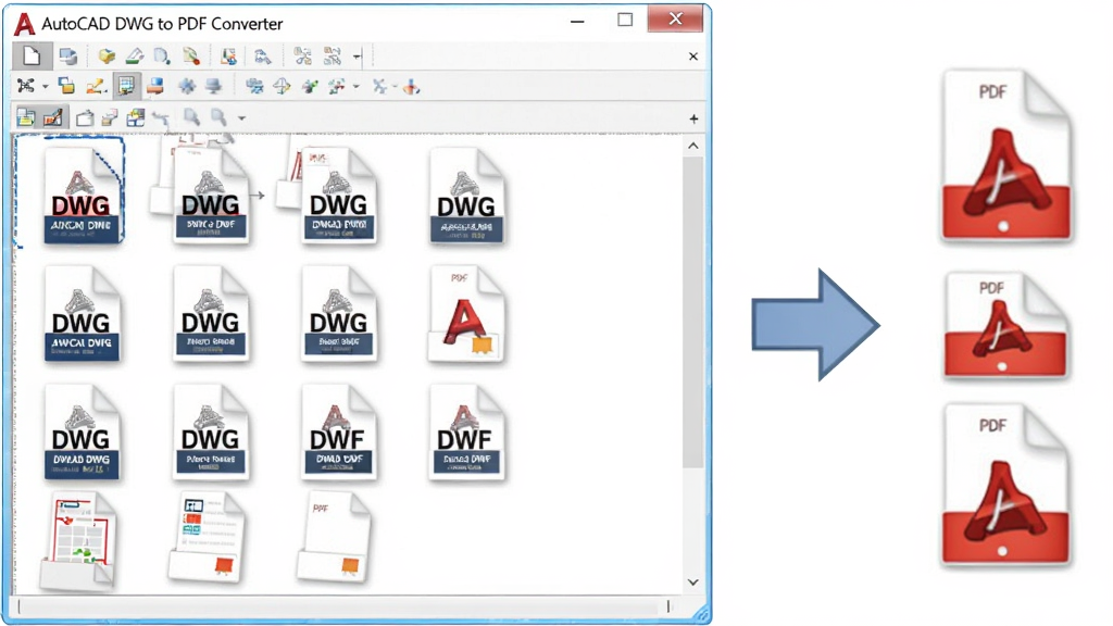 一张展示批量文件转换的示意图,画面中央是 AutoCAD DWG to PDF Converter 软件窗口,左侧列表中有多个 DWG 文件图标排列整齐,右侧有向右的箭头指向 PDF 文件图标,布局为左右对比,风格为扁平化信息图,细节上文件图标带有细微阴影,画质清晰,干净,无多余元素
