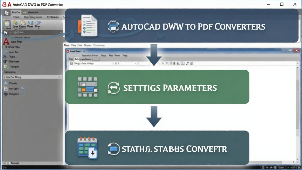 一张展示操作步骤的流程图,主体为 AutoCAD DWG to PDF Converter 软件的操作界面,布局为从上到下依次排列添加文件、设置参数、开始转换三个步骤,风格为扁平化教程图,细节上每一步都有小图标和简短文字说明,画质清晰,干净,无多余元素