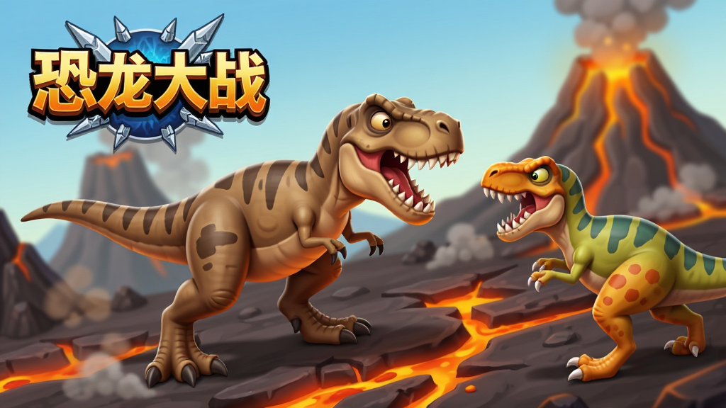 一只霸王龙在火山地带与两只敌方恐龙对峙,地面有熔岩裂缝,画面左侧显示
