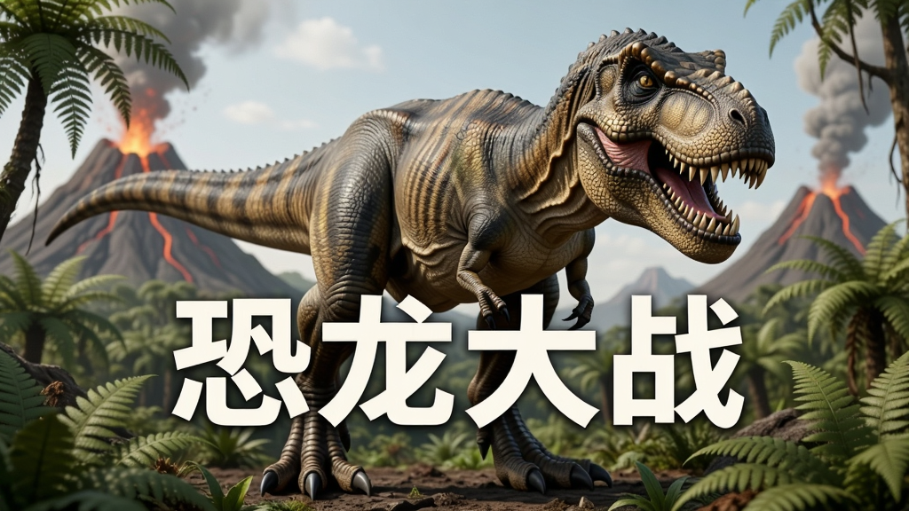一只巨大的霸王龙站在原始丛林中央,周围有火山和蕨类植物,画面中央显示