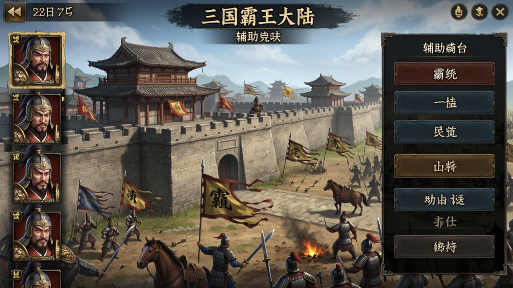 画面中央为三国霸王大陆(中文辅助菜单)游戏主界面截图,背景为古代中国城池与战场交融的场景,左侧为武将头像列表,右侧为辅助菜单面板,面板上有清晰的中文选项按钮,整体布局为手机竖屏界面展示,风格为写实中国古风游戏UI,细节包含城墙、旗帜、武将铠甲纹理,画质高清干净无多余元素