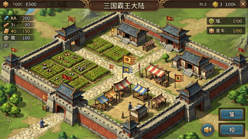 三国霸王大陆(中文辅助菜单)游戏内政界面截图,画面中显示古代城池俯瞰图,有农田、市场、兵营等建筑,界面四周有中文标注的资源数值与操作按钮,风格为中国古代城池经营类游戏界面,细节包含建筑纹理、道路、旗帜,画质高清干净无多余元素