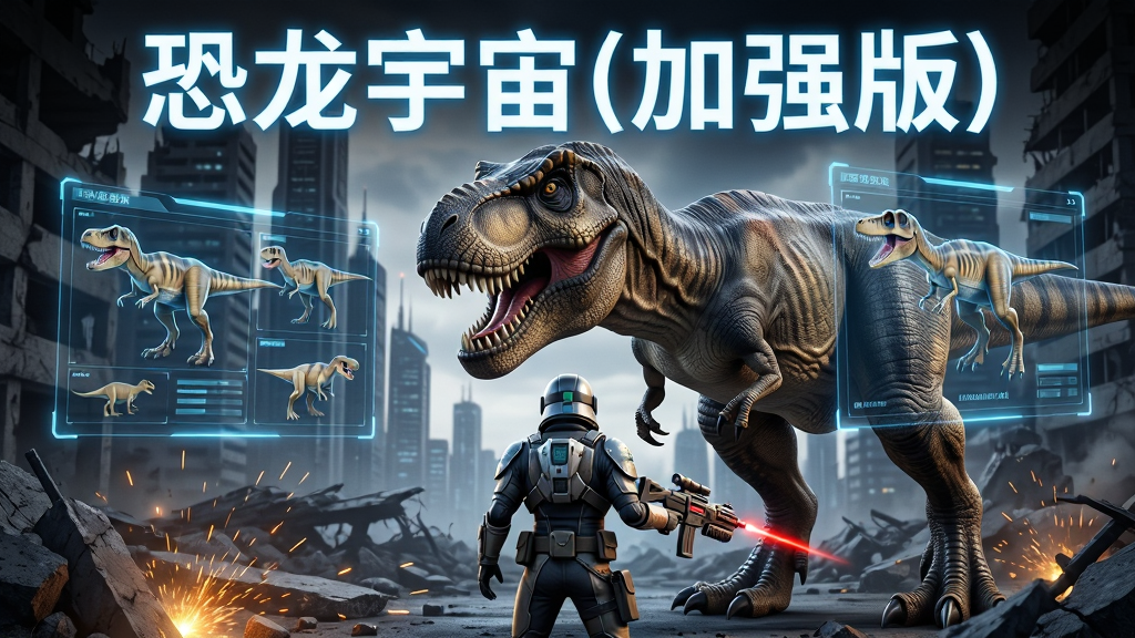 一只巨大的霸王龙站在未来科幻城市的废墟中,周围环绕着全息投影的恐龙图鉴界面,画面中央有手持激光步枪的星际猎人背影,主体突出恐龙与猎人对峙的紧张感,布局采用三分法构图,上方留白处用发光字体写着“恐龙宇宙(加强版)”,排版层次分明,风格为写实3D游戏宣传海报,细节包括恐龙皮肤纹理、武器金属反光、地面碎石与火花,画质4K超高清,干净无多余元素