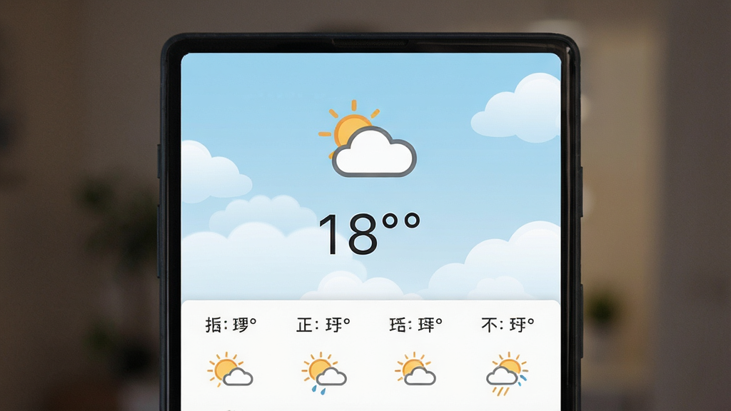 一张展示本地天气预报软件主界面的手机截图,画面中央是清晰的天气图标和温度数字,背景是淡蓝色的天空与白云,界面下方有未来几天的天气趋势列表,风格简洁明快,画质清晰,无多余元素
