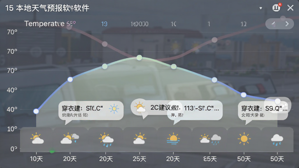 本地天气预报软件内的15天天气趋势图表截图,图表横轴为日期,纵轴为温度曲线,曲线下方有对应天气图标,旁边配有穿衣建议的文字气泡,整体配色柔和,信息层级分明
