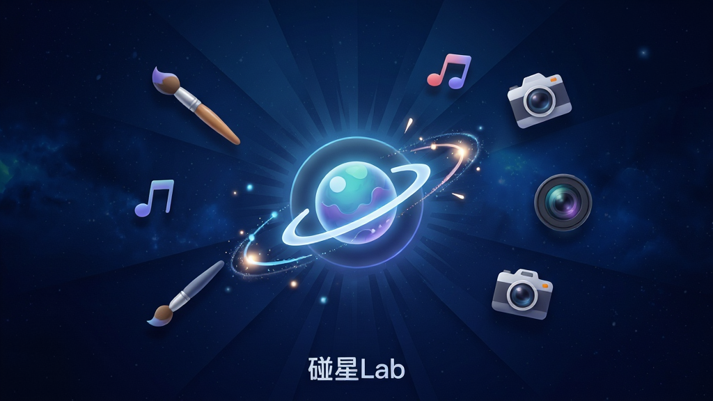 碰星Lab应用主界面全景展示,画面中央是发光的星球图标与碰撞轨迹,周围环绕着创意画笔、音乐符号、相机镜头等悬浮元素,背景为深蓝色星空渐变,布局采用中心对称的放射状排版,风格为科幻轻科技感,细节处有粒子光效和柔和阴影,画质高清,干净无多余元素,底部有“碰星Lab”文字标识