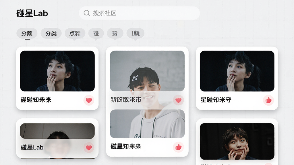 碰星Lab社区灵感广场页面,画面呈现瀑布流式作品卡片布局,每张卡片包含缩略图、标题和点赞图标,背景为浅灰色网格,顶部有搜索栏和分类标签,风格为清新简约的现代UI设计,细节处有圆角卡片和柔和投影,画质高清,干净无多余元素,页面顶部有“碰星Lab”文字标识