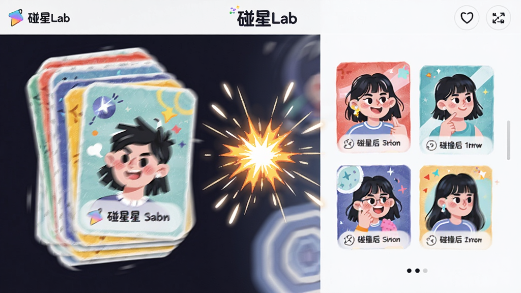 碰星Lab随机碰撞匹配功能界面,画面左侧为待选素材卡片堆叠,中央有闪烁的碰撞火花特效,右侧展示碰撞后生成的创意组合结果,布局为左右对比式排版,风格为明快活泼的插画风,细节包含卡片纹理、光晕和动态模糊效果,画质清晰,干净无多余元素,画面中带有“碰星Lab”字样