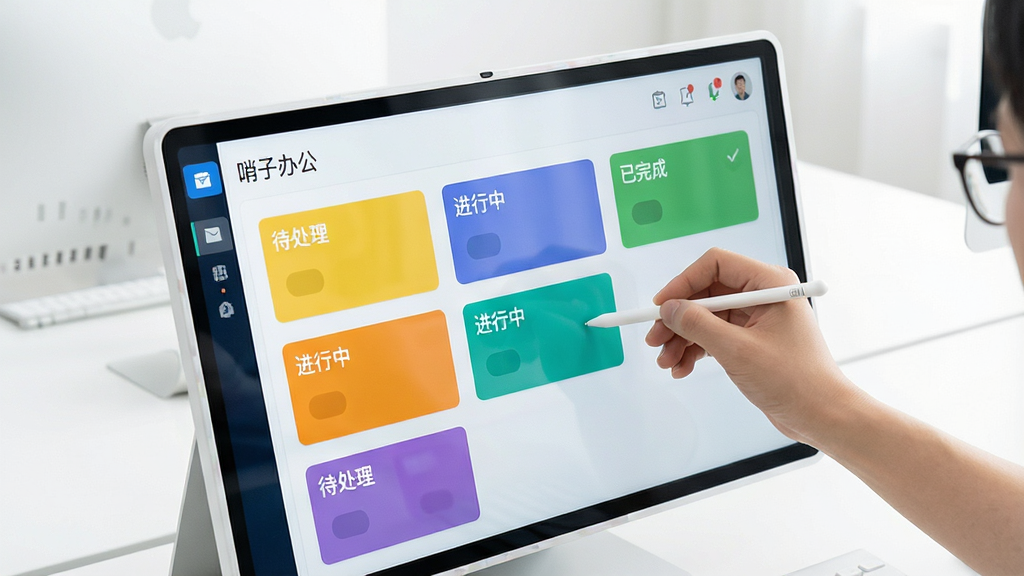 一张“哨子办公”任务管理功能的场景图,画面中央为一块数字看板,看板上分布着多个彩色任务卡片,卡片上标注“待处理”“进行中”“已完成”,一只手持触控笔正在拖动卡片,背景为简洁的白色办公桌面,风格清新明快,画质干净,无多余元素