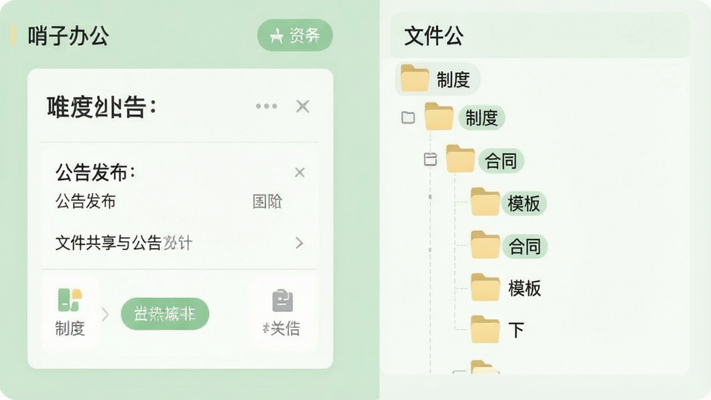 一张“哨子办公”文件共享与公告功能的示意图,画面左侧为公告发布面板,右侧为文件夹树状结构,文件夹上标有“制度”“合同”“模板”等标签,整体采用柔和的浅绿色调,风格清爽素雅,细节清晰,画质干净,无多余元素