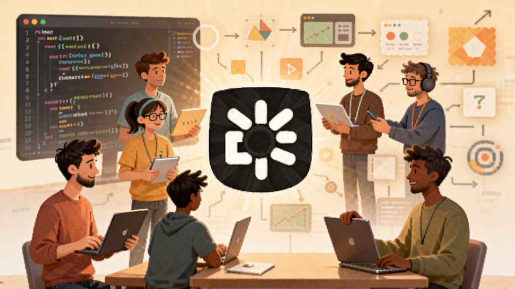 Cocos开发者社区生态示意图,画面中有多位开发者围绕Cocos标志协作交流,背景为代码与图形元素交织,风格温暖明亮,画质清晰,干净无多余元素