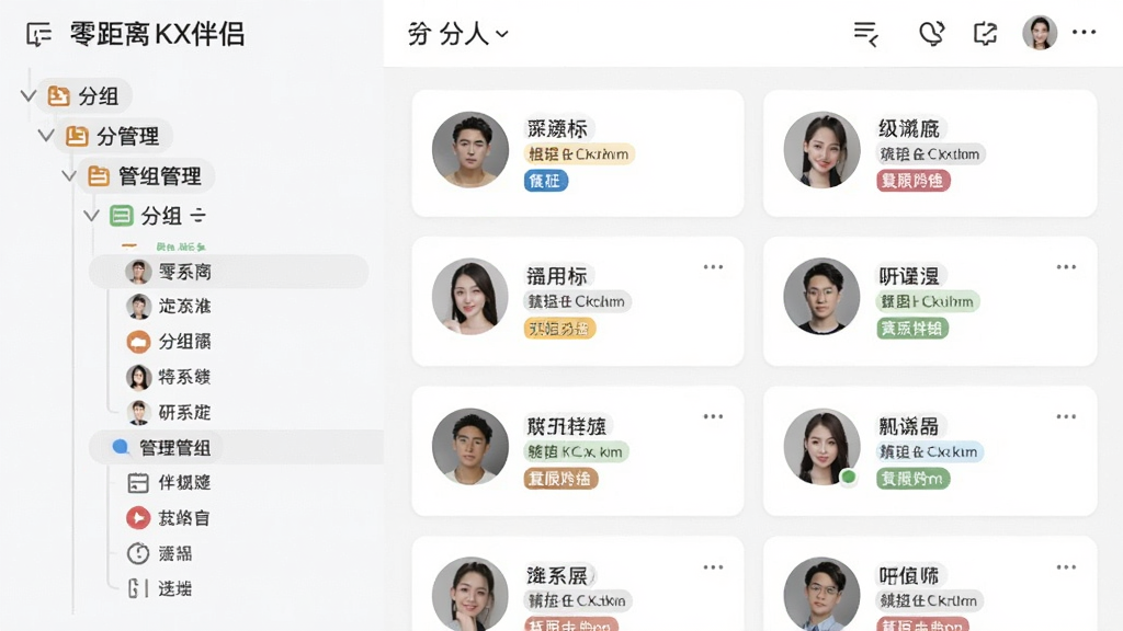 零距离KX伴侣联系人分组管理界面,画面左侧为分组树形结构,右侧为联系人卡片列表,每张卡片上有备注标签,整体风格为简约商务风,细节包括头像、分组颜色标识,画质清晰,干净,无多余元素