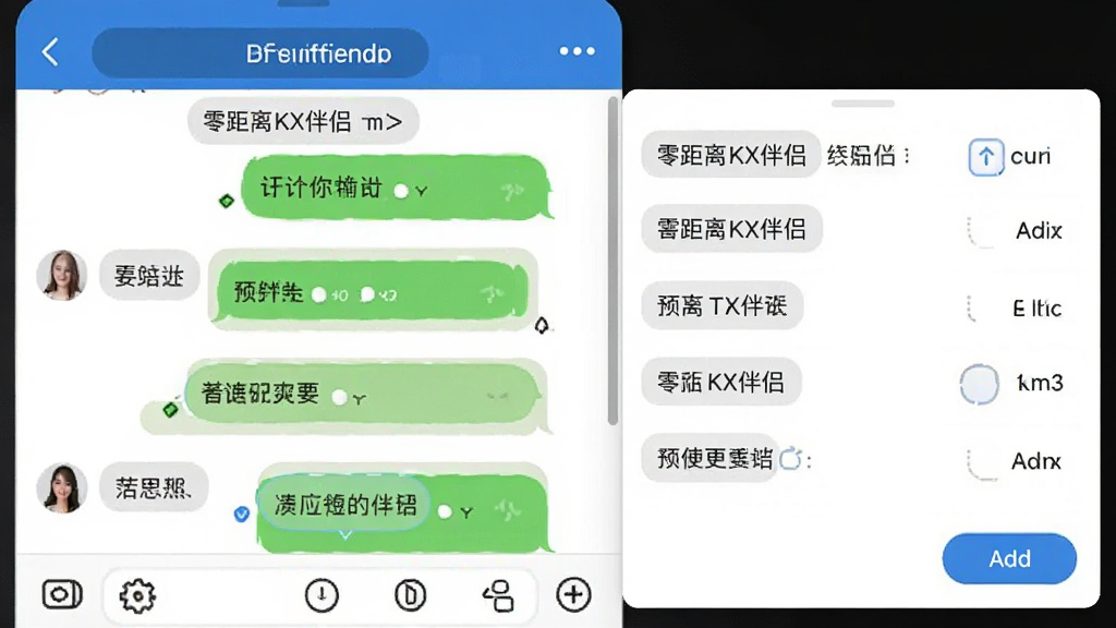 零距离KX伴侣快捷回复功能界面图,画面展示一个聊天窗口旁边弹出短语库面板,面板中有多条预设短语,用户点击即可发送,风格为清爽办公风,细节包括分类标签、添加按钮,画质高清,干净,无多余元素
