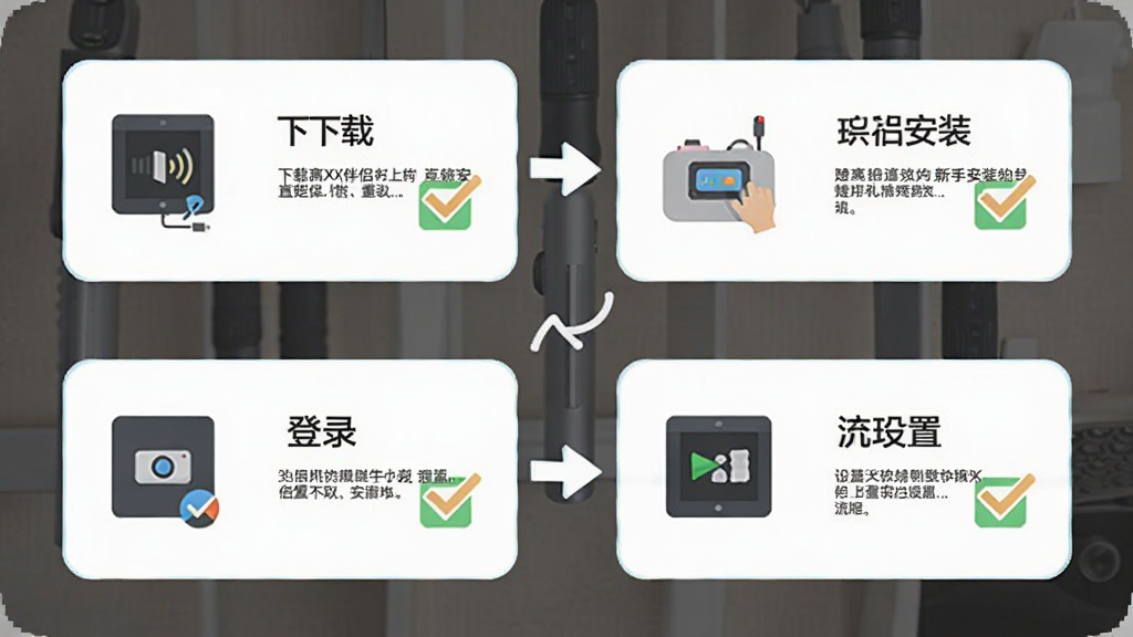 零距离KX伴侣新手安装设置流程图,画面分步骤展示下载、安装、登录、设置四个环节,每个步骤配有简洁图标和说明文字,风格为扁平化教程风,细节包括箭头指引、勾选框,画质清晰,干净,无多余元素