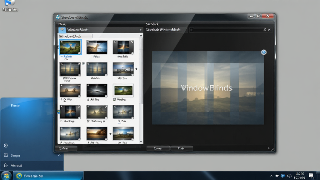 一张展示 Stardock WindowBlinds 软件主界面的整体截图,画面中央是软件窗口,左侧显示皮肤列表缩略图,右侧展示当前选中主题的预览效果,窗口边框采用深色半透明玻璃风格,任务栏和开始菜单呈现蓝色渐变配色,背景为简洁的纯色桌面,画面风格清晰专业,细节丰富,画质干净无多余元素