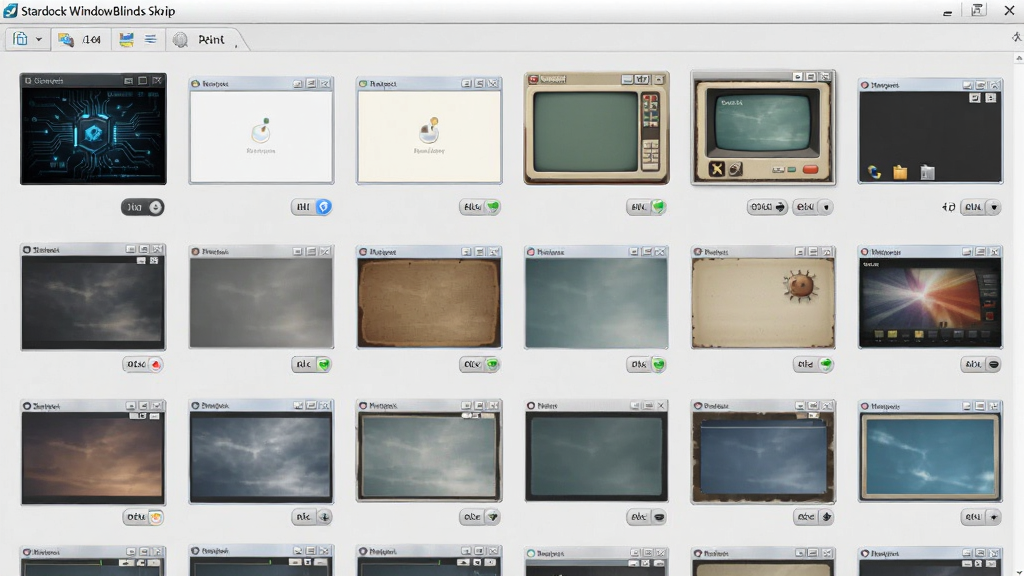 一幅展示 Stardock WindowBlinds 皮肤库浏览界面的概念图,画面中整齐排列着多款不同风格的窗口皮肤缩略图,包括深色科技风、浅色简约风、复古拟物风等,每款缩略图都清晰展示窗口边框和按钮样式,界面布局为网格状,背景为浅灰色,整体风格干净整洁,画质清晰,无多余装饰元素