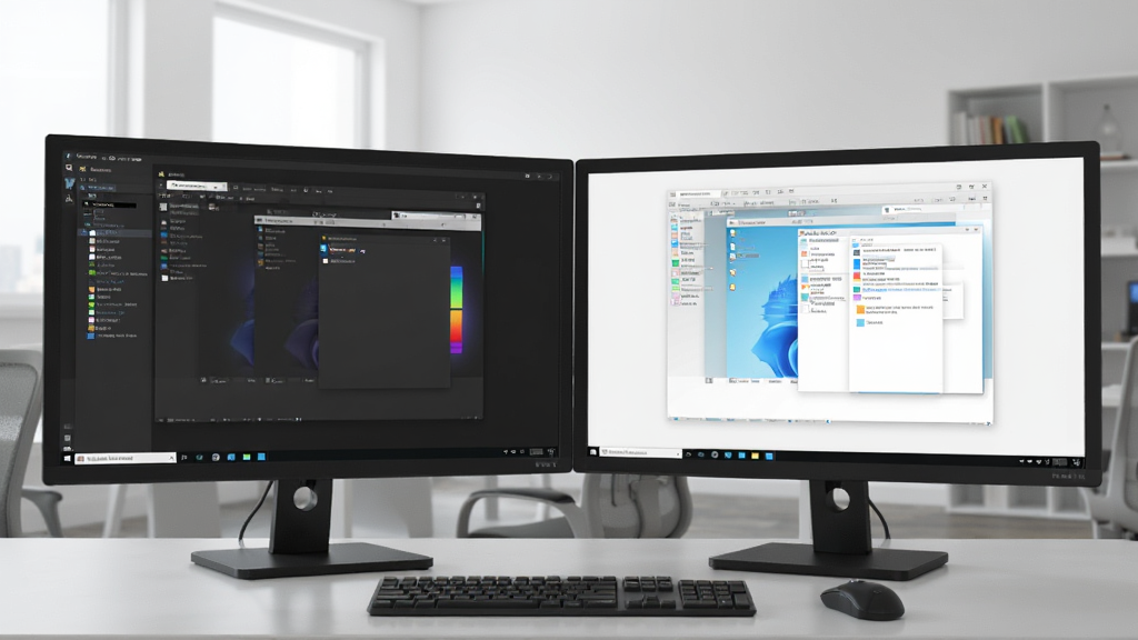 一张展示 Stardock WindowBlinds 在多显示器环境下工作的效果图,画面中两台显示器并排摆放,分别显示不同皮肤风格的窗口界面,一台为深色主题一台为浅色主题,画面风格现代办公,布局整洁,画质清晰,无多余元素