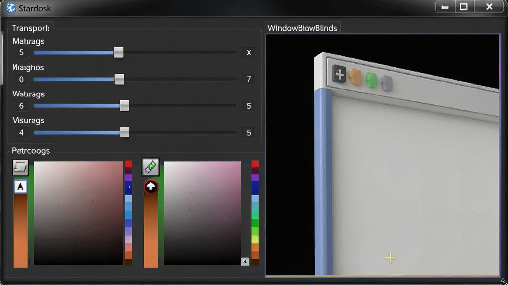 一张展示 Stardock WindowBlinds 自定义设置面板的特写图,画面中可见多个滑块和颜色选择器,正在调节窗口透明度与边框颜色,右侧实时预览窗口边框变化效果,界面风格为深色专业工具风,布局紧凑合理,细节清晰,画质干净