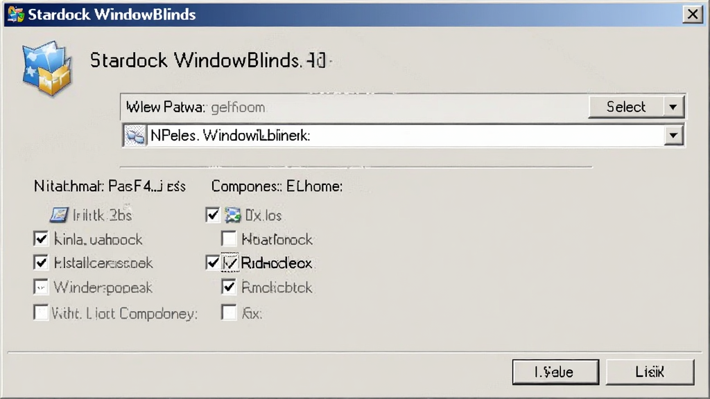 一张展示 Stardock WindowBlinds 安装向导界面的截图,画面中显示安装路径选择与组件勾选选项,界面风格为经典 Windows 安装程序样式,背景为浅灰色,文字清晰可读,布局规整,画质干净无多余元素