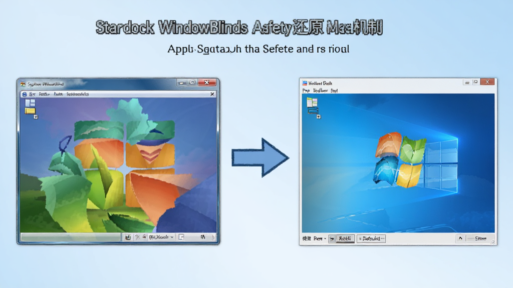 一幅表现 Stardock WindowBlinds 安全还原机制的示意图,画面左侧为应用美化后的彩色窗口界面,右侧为恢复默认后的原生 Windows 界面,中间用箭头连接表示一键切换,背景为淡蓝色渐变,风格简洁明了,画质清晰无杂乱元素