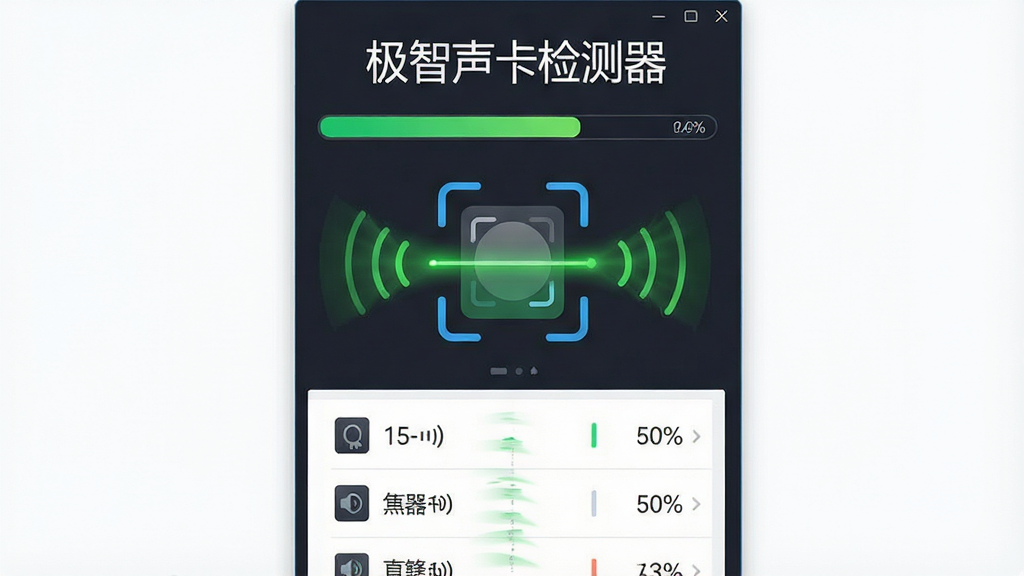 一张展示极智声卡检测器一键检测功能的图片,主体为软件界面中检测进度条与扫描动画,布局上方是软件名称“极智声卡检测器”,中央为动态扫描图标与设备列表,排版纵向排列,风格为扁平化科技风格,细节包含绿色扫描光束、音频设备图标、进度百分比数字,画质高清,干净,无多余元素