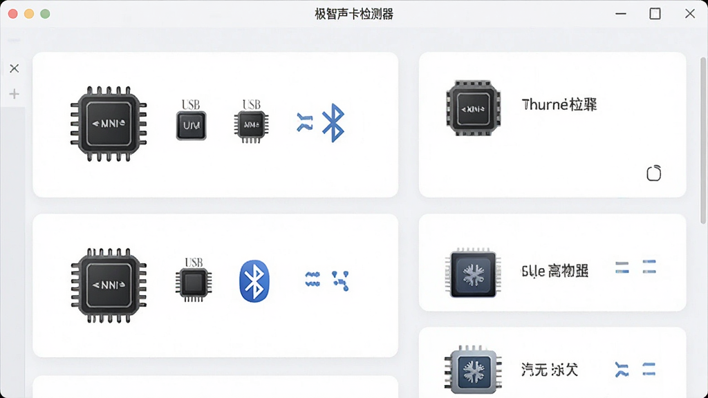 一张展示极智声卡检测器设备识别功能的图片,主体为软件界面中音频设备列表,布局为纵向排列的设备卡片,排版整齐有序,风格为清爽浅色风格,细节包含声卡芯片图标、USB标识、蓝牙图标、设备名称文字,画质高清,干净,无多余元素