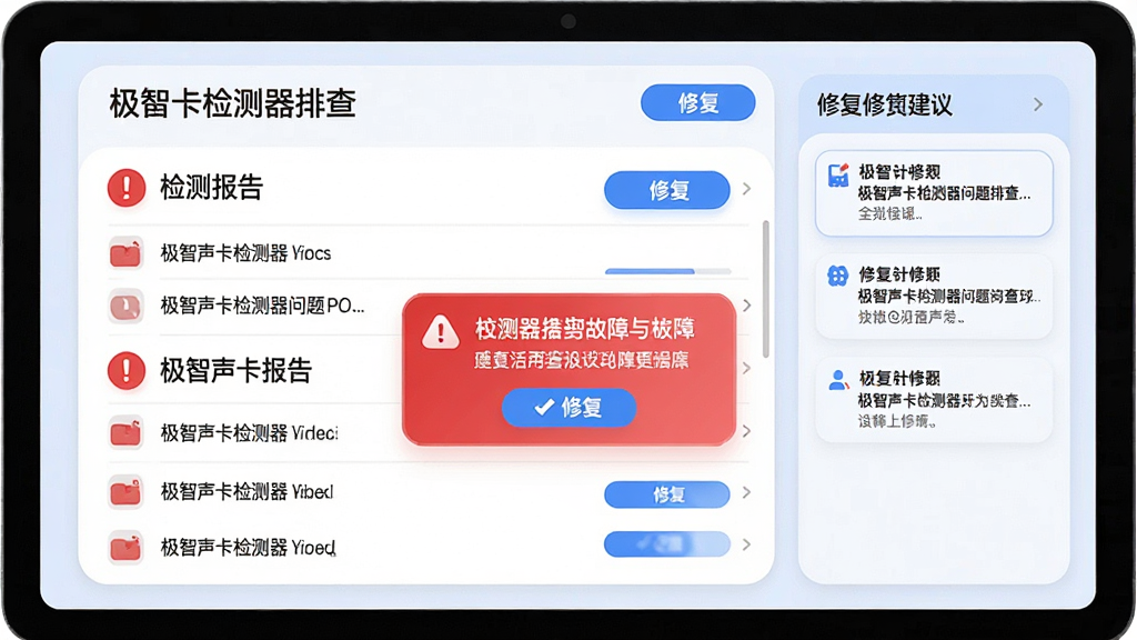 一张展示极智声卡检测器问题排查场景的图片,主体为电脑屏幕显示检测报告与故障提示,布局左侧为报告列表右侧为修复建议面板,排版左右分栏,风格为柔和圆角风格,细节包含红色感叹号图标、蓝色修复按钮、文字说明,画质高清,干净,无多余元素