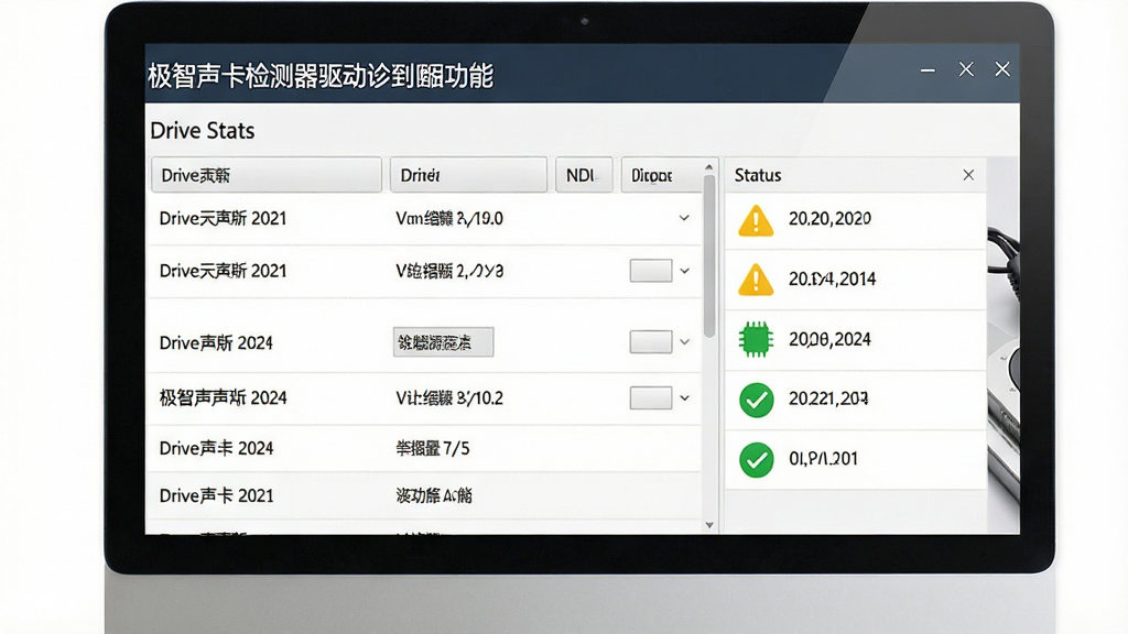 一张展示极智声卡检测器驱动诊断功能的图片,主体为电脑屏幕显示驱动状态报告页面,布局左侧为驱动列表右侧为状态标识,排版左右分栏,风格为商务简洁风格,细节包含驱动版本号文字、黄色警告图标、绿色正常图标,画质高清,干净,无多余元素