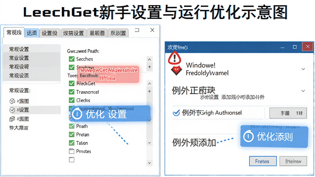 LeechGet���������������Ż�ʾ��ͼ������Ϊ����ѡ�����ô�����Windows����ǽ��Ȩ�������ͼ�����ֲ������½ṹչʾ�������ñ�ǩҳ������������Ӳ��裬�Ű�ͻ���ؼ�ѡ��Ĺ�ѡ״̬�����Ϊ�̳�ָ�����ͼ���ϸ�ڰ�����ɫ��ʾ�������ɫ�Ż���ʾ�򣬻����������ɾ����࣬�޶���Ԫ��
