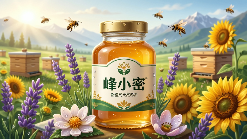 一幅以“峰小密”品牌为核心的数字插画,画面中央放置一瓶晶莹剔透的新疆纯天然蜂蜜,瓶身标签印有“峰小密”字样,周围环绕着盛开的薰衣草与向日葵,背景是新疆天山牧场的清晨风光,远处有蜂箱与飞舞的蜜蜂,整体布局采用中心对称构图,排版简洁大气,风格为清新写实,细节包括蜂蜜的琥珀色光泽、花瓣上的露珠以及柔和的光线,画质高清细腻,画面干净无多余元素