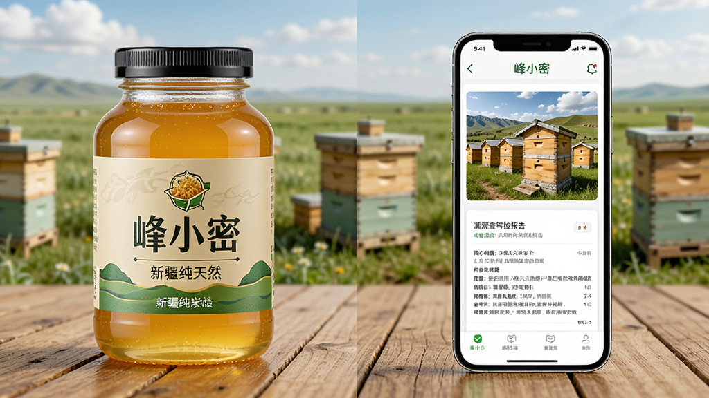 一瓶印有“峰小密”标识的新疆纯天然蜂蜜放置在木质桌面上,旁边放着一部智能手机,手机屏幕显示峰小密APP的溯源查询界面,界面中包含蜂场照片与质检报告,背景是新疆草原与蜂箱,布局采用左右对比构图,风格为写实摄影感,细节包括蜂蜜瓶身的反光、手机界面的清晰文字,画质高清,画面干净