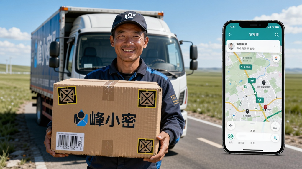 一名快递员手持印有“峰小密”标志的包裹站在新疆草原的公路旁,身后是快递货车,画面右侧是手机屏幕显示物流跟踪地图,布局采用三分法构图,风格为明亮写实,细节包括包裹上的防震标识、快递员的微笑表情,画质高清,画面干净