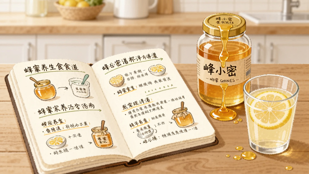一本打开的手账本上绘制着蜂蜜养生食谱,旁边放着一瓶“峰小密”蜂蜜与一杯蜂蜜柠檬水,背景是厨房的木质台面,布局采用对角线构图,风格为温馨手绘风,细节包括手账本上的插画与文字、蜂蜜的流动感,画质柔和,画面干净
