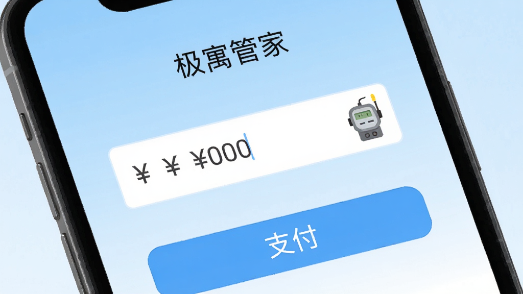 手机屏幕特写展示“极寓管家”充值页面,界面中有金额输入框与支付按钮,背景为浅蓝色渐变,布局居中,风格为扁平化UI设计,细节包含人民币符号与电表图标,画质清晰,干净,无多余元素