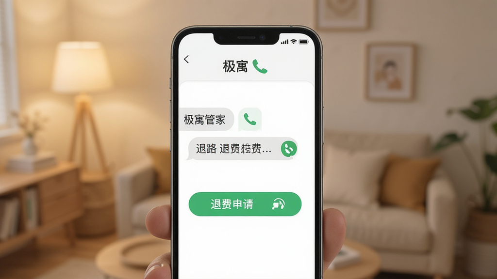 手机屏幕显示“极寓管家”客服与退费页面,界面有退费申请按钮和客服电话图标,背景为室内柔光,布局为手机正面特写,风格为现代简洁风,细节包含对话框与电话符号,画质干净,无多余元素