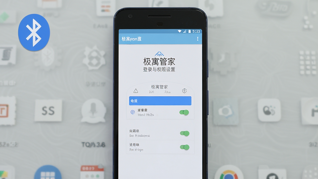 一部安卓手机显示“极寓管家”登录与权限设置界面,背景为浅灰色桌面,布局为手机正面,风格为教程演示风,细节包含蓝牙图标与权限开关,画质清晰,干净,无多余元素