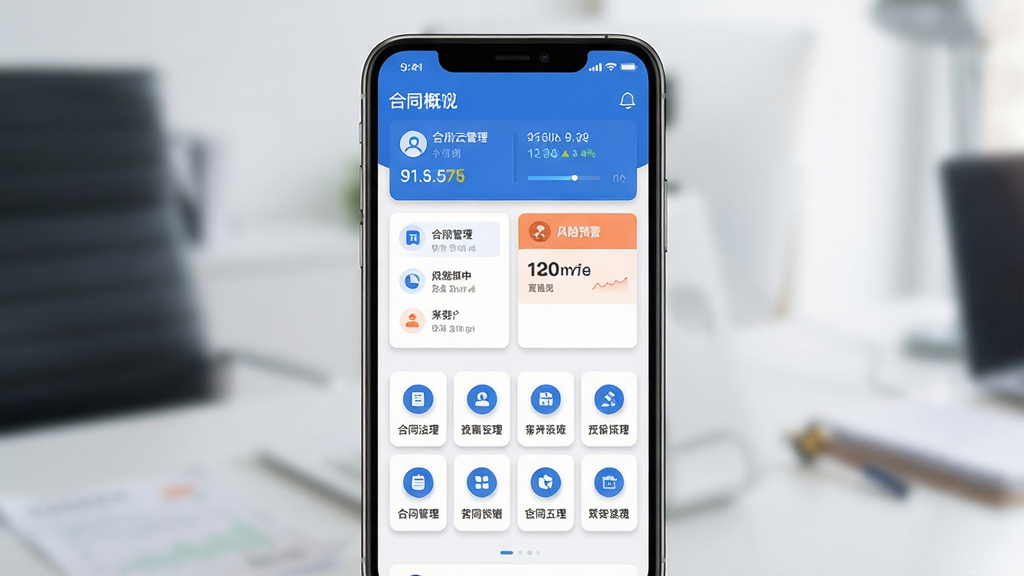 企业云法务手机应用主界面展示,主体是一部竖屏智能手机,屏幕内呈现合同管理列表与风险预警卡片,布局采用上下结构上方为数据概览下方为功能宫格,排版干净整齐,风格为现代商务扁平化,细节包含蓝色主色调、白色卡片、圆形图标、轻微阴影,画质高清,干净,无多余元素