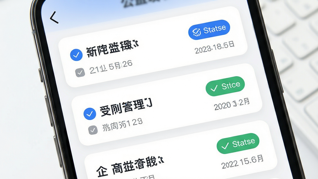 企业云法务合同管理功能界面,主体为手机屏幕中的合同列表与状态标签,布局采用纵向卡片流,排版左侧为合同名称右侧为状态徽章,风格为清爽商务风,细节包含蓝色勾选图标、灰色日期文字、白色背景卡片、圆角边框,画质高清,干净,无多余元素