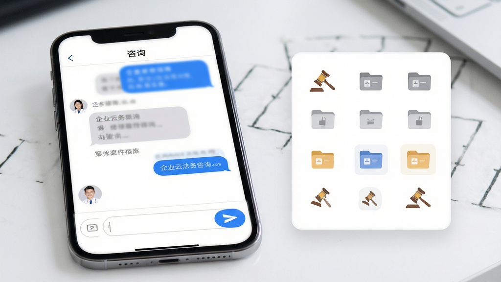 企业云法务在线咨询与律师协作界面,主体为手机聊天式咨询窗口与案件档案卡片,布局左侧为对话气泡右侧为文件附件图标,排版上方为律师头像下方为输入框,风格为现代社交商务风,细节包含蓝色发送按钮、灰色气泡、白色背景、圆角输入框,画质高清,干净,无多余元素