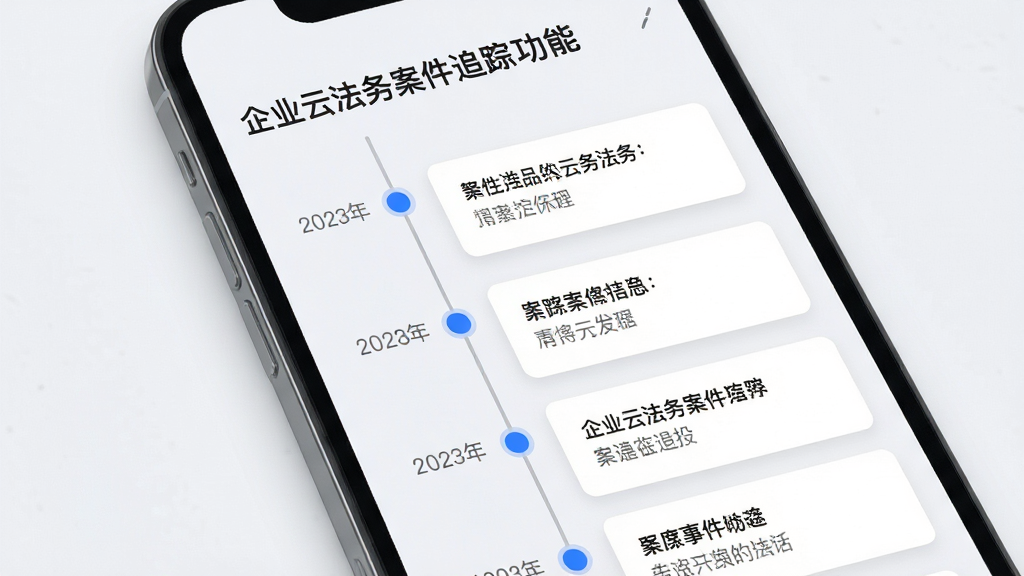 企业云法务案件进度追踪功能,主体为手机屏幕上的时间轴案件档案页面,布局上方为案件标题下方为纵向时间轴节点,排版每个节点左侧为日期右侧为事件描述,风格为简约商务风,细节包含蓝色时间轴圆点、灰色连接线、白色卡片、浅色背景,画质高清,干净,无多余元素