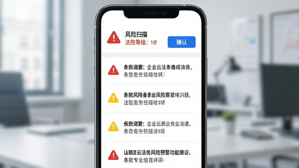 企业云法务风险预警功能展示,主体为手机屏幕上的风险扫描结果页面,布局上方为风险等级总览下方为逐条风险列表,排版每条风险左侧为红色或黄色标记右侧为条款摘要,风格为专业商务风,细节包含红色警示图标、蓝色确认按钮、浅灰分割线、白色背景,画质高清,干净,无多余元素